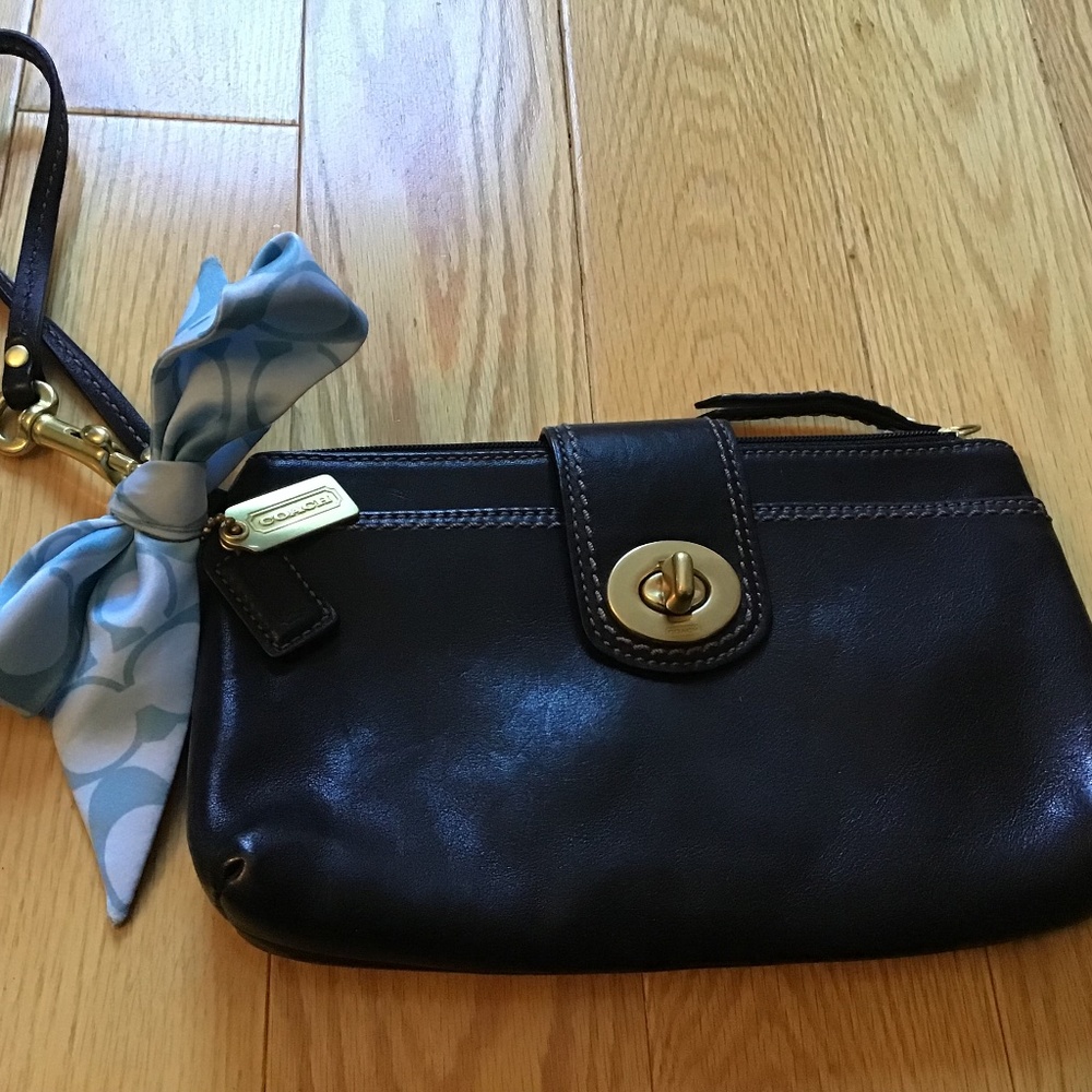 Coach black wristlet with blue scarf